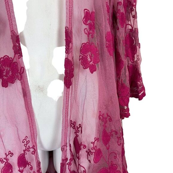 Dee Elly Pink Lace Embroidered Open Sheer Coverup Top Jacket Floral Fairy sz S - Picture 3 of 16